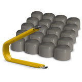 Multi-pack of gray silver ColorLugs BoltCaps — flexible, durable and form-fitting vinyl lug bolt covers with extractor tool