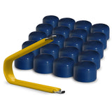 Multi-pack of blue ColorLugs BoltCaps — flexible, durable and form-fitting vinyl lug bolt covers with extractor tool