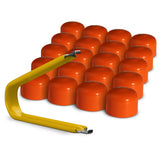 Multi-pack of orange ColorLugs BoltCaps — flexible, durable and form-fitting vinyl lug bolt covers with extractor tool