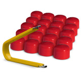 Multi-pack of red ColorLugs BoltCaps — flexible, durable and form-fitting vinyl lug bolt covers with extractor tool