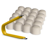 Multi-pack of white ColorLugs BoltCaps — flexible, durable and form-fitting vinyl lug bolt covers with extractor tool