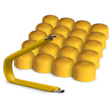 Multi-pack of yellow ColorLugs BoltCaps — flexible, durable and form-fitting vinyl lug bolt covers with extractor tool