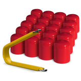 Multi-pack of red ColorLugs LugCaps — flexible, durable and form-fitting vinyl lug nut covers with extractor tool