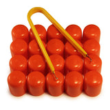 Multi-pack of orange ColorLugs LugCaps — flexible, durable and form-fitting vinyl lug nut covers with extractor tool