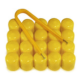 Multi-pack of yellow ColorLugs LugCaps — flexible, durable and form-fitting vinyl lug nut covers with extractor tool